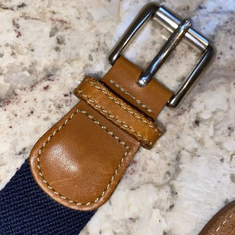 LL Bean $69 Leather Stretch Canvas Silver Mens Preppy Belt Fits XL 48”-51” EUC